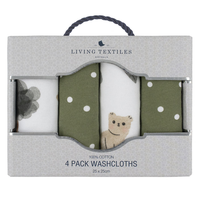 Living Textiles 4-pack Face Washers - Forest Retreat/Olive Dots